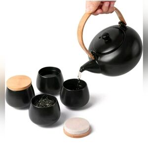 Black Teapot Set With 4 Teacups Bamboo Lids For Tea Storage, Wood Handle Ceramic